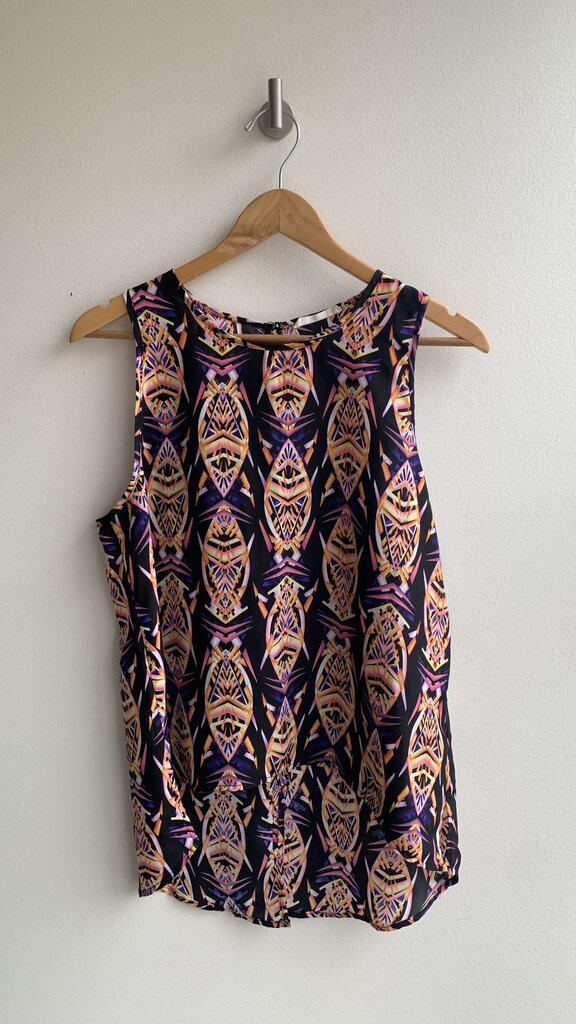 Pre-Owned Sophie Rue Black Sheer Abstract Multi Coloured Print Sleeveless Top-Size Large