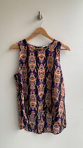 Pre-Owned Sophie Rue Black Sheer Abstract Multi Coloured Print Sleeveless Top-Size Large