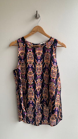 Pre-Owned Sophie Rue Black Sheer Abstract Multi Coloured Print Sleeveless Top-Size Large