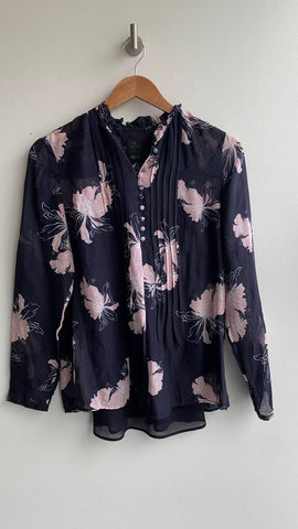 Pre-Owned David Lawrence Silk Navy Floral Long Sleeve Bloues with Cami - Size 8