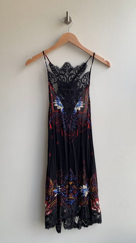 Pre-Owned Free People Black Floral Printed Lace Trim and Neck Sleeveless Mini Dress- Size Small