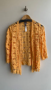 Pre-Owned Easywear by Chico's Orange Weaved 3/4 Sleeve Open Front Sweater- Size 0