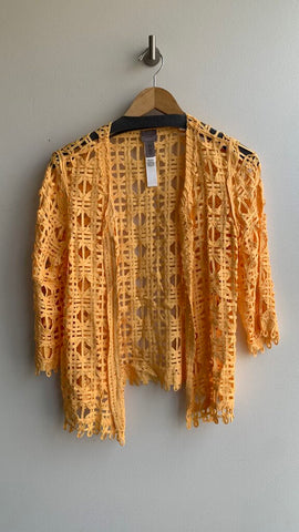 Pre-Owned Easywear by Chico's Orange Weaved 3/4 Sleeve Open Front Sweater- Size 0