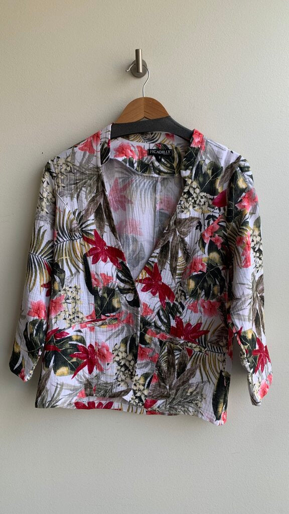 Pre-Owned Picadilly White with Green/Pink Floral Leaves Printed Linen Blazer- Size Small