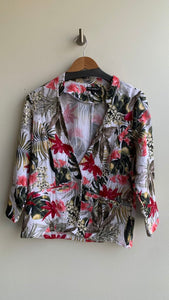 Pre-Owned Picadilly White with Green/Pink Floral Leaves Printed Linen Blazer- Size Small