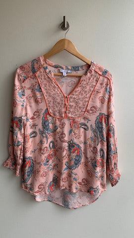 Pre-Owned Tribal Peach Pink Floral Notched Neckline Long Sleeve Top- Size Small