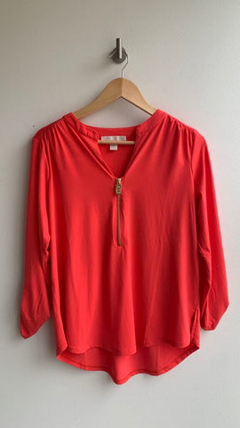 Pre-Owned Michael Kors Orange/Red 3/4 Sleeve Zip Neckline Top- Size Large