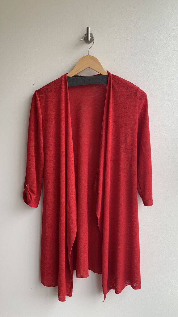 Pre-Owned Initiatives Red Ruffle Front Waterfall Style Cardigan- Size Small