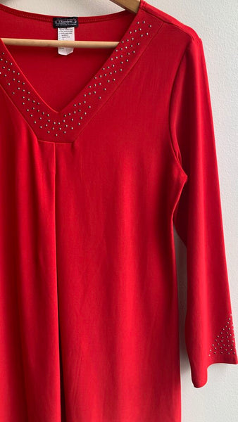 Pre-Owned Clientelle Red Gemmed V-Neck 3/4 Sleeve Blouse- Size Small