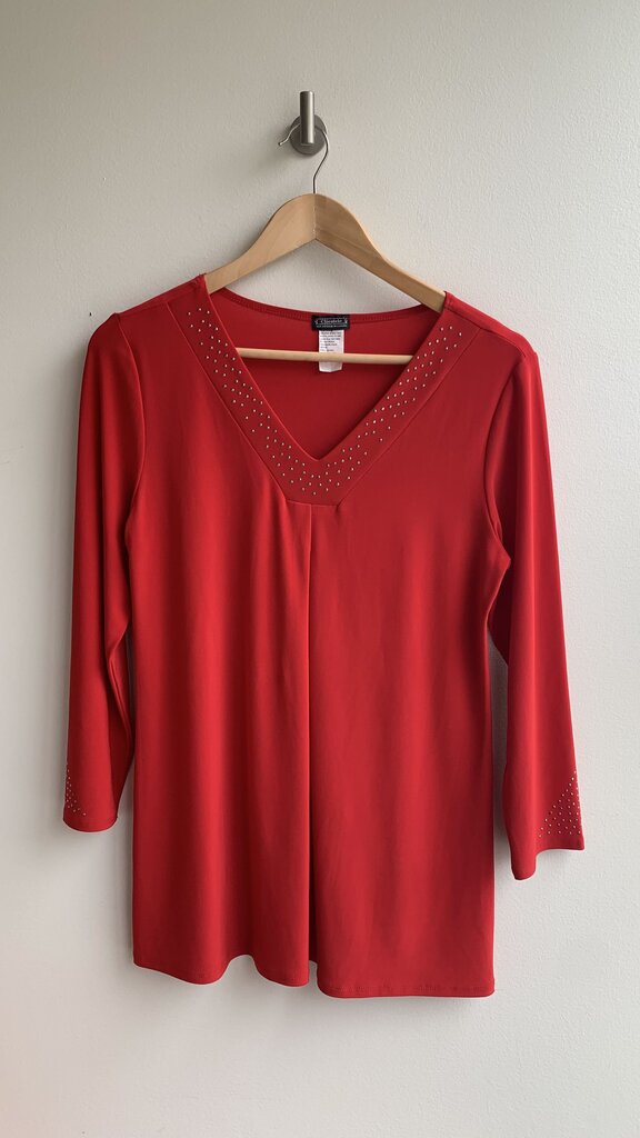 Pre-Owned Clientelle Red Gemmed V-Neck 3/4 Sleeve Blouse- Size Small