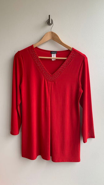 Pre-Owned Clientelle Red Gemmed V-Neck 3/4 Sleeve Blouse- Size Small
