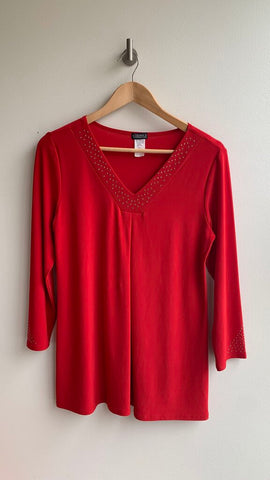 Pre-Owned Clientelle Red Gemmed V-Neck 3/4 Sleeve Blouse- Size Small