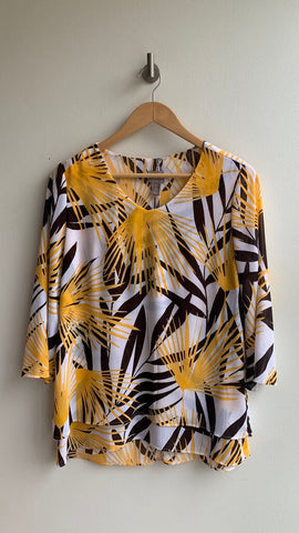 Pre-Owned Chico's White/Yellow/Brown Sheer Layered Flounce Blouse- Size 0