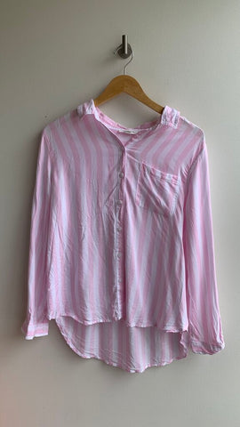 Pre-Owned Beach Lunch Lounge Pink/White Stripe Button Front Long Sleeve Shirt - Size Large