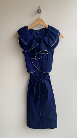Pre-Owned Samuel Dong Blue Ruffle/Zip Collar Belted Dress - Size Small