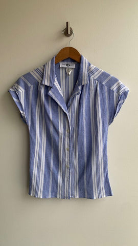 Pre-Owned Vintage The Bay White/Blue Stripe Button Front Short Sleeve Shirt - Size 10