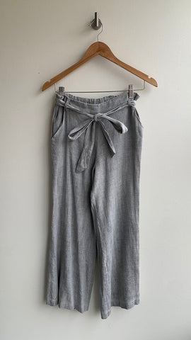 Pre-Owned C'est Moi Light Grey Linen Stretch Back Belted Wide Leg Pant- Size Small