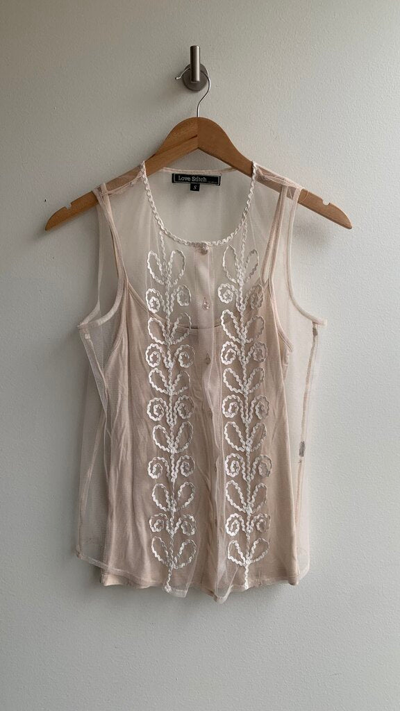 Pre-Owned Lovestitch Cream Mesh Overlay Sleeveless Button Front Shirt- Size Small