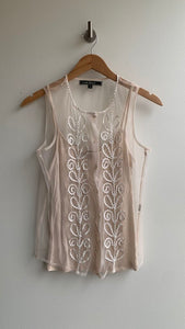 Pre-Owned Lovestitch Cream Mesh Overlay Sleeveless Button Front Shirt- Size Small
