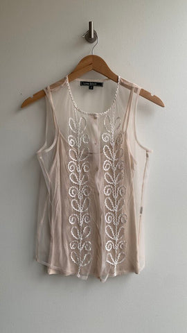 Pre-Owned Lovestitch Cream Mesh Overlay Sleeveless Button Front Shirt- Size Small