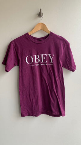 Pre-Owned Obey Maroon Logo T-Shirt- Size Small