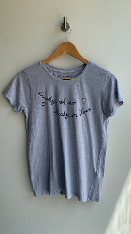 Pre-Owned Lucky Brand Blue Embroidered 'Lucky in Love' T-Shirt- Size X-Small