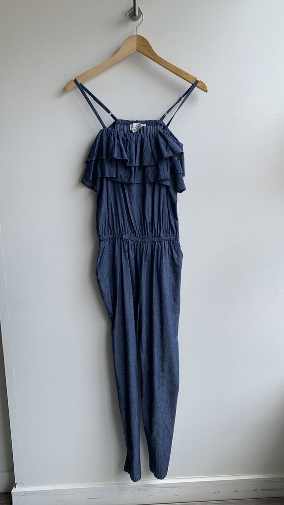 Pre-Owned Molly Bracken Denim Chambray Ruffle Bust Spaghetti Strap Stretch Waist Jumpsuit (NWT)- Size Small