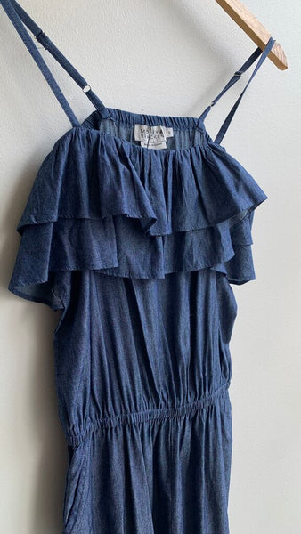 Pre-Owned Molly Bracken Denim Chambray Ruffle Bust Spaghetti Strap Stretch Waist Jumpsuit (NWT)- Size Small