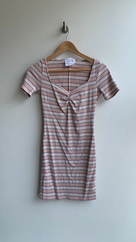 Pre-Owned Sadie & Sage Striped Pink/Beige/White/Blue/Red Ribbed Cinch Sweetheart Neckline T-Shirt Dress (NWT)- Size Small