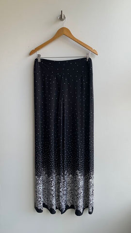 Pre-Owned Coco Bianco Black Spotted Flower Hem Wide Leg Stretch Pants- Size Large (Estimated)