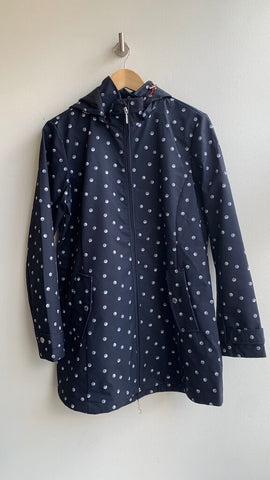 Pre-Owned Weatherproof Navy Polka Dot Detachable Hood Rain Coat- Size Large