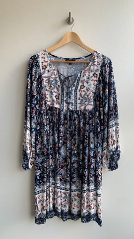 Pre-Owned Papillon Blue/White/Red Floral Georgette Smocked Long Balloon Sleeves Dress- Size Small