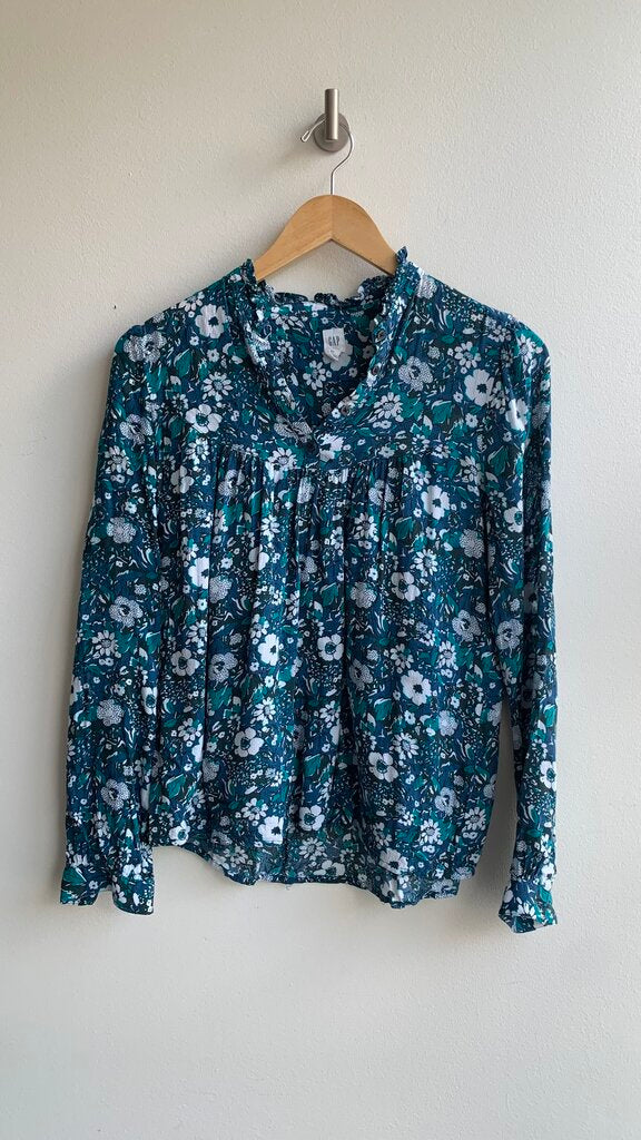 Pre-Owned Gap Navy/Green Floral Long Sleeve Blouse - Size Small