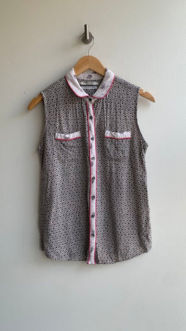 Pre-Owned Scotch & Soda Taupe/Black Printed Pink Trim Button Front Collared Blouse - Size Small