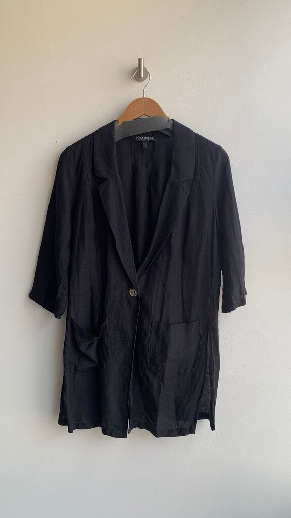 Pre-Owned Picadilly Black Linen 3/4 Sleeve Single Button Blazer- Size 4