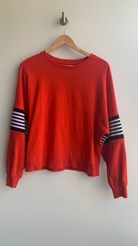 Pre-Owned Noisy May Red with Black/White Stretch Arms Bands Crew Neck Sweater- Size X-Small