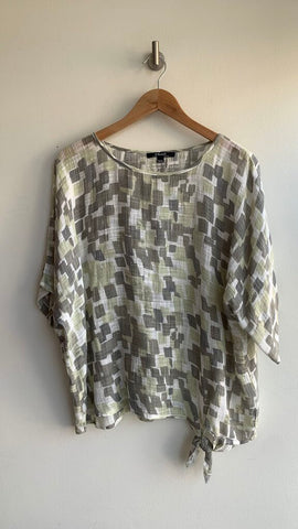 Pre-Owned Nile Cream with Green/Orange Circle Print Short Sleeve Midi Dress- Size X-Large