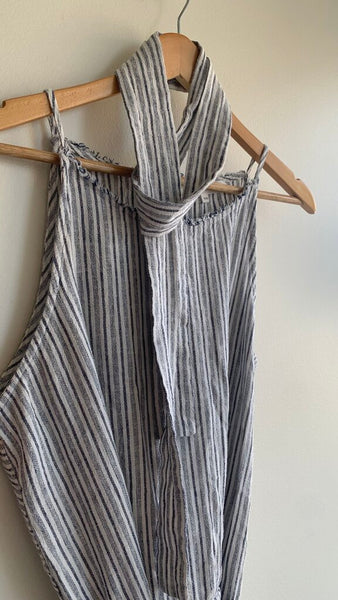 Pre-Owned Melissa Nepton White/Blue Sleeveless Wrap Tie Romper- Size X-Large
