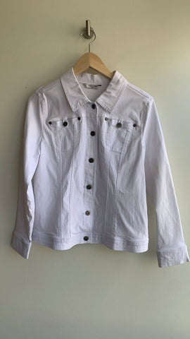 Pre-Owned Simon Chang White Fitted Button Front Jacket- Size 12