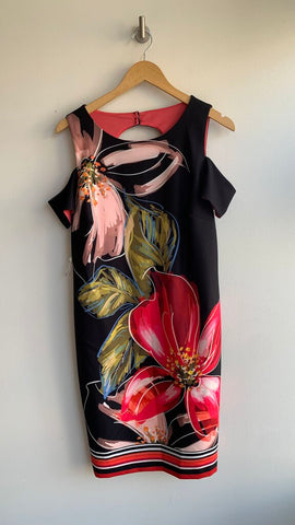 Pre-Owned Frank Lyman Black with Pink Floral Design Short Cold Shoulder Dress (NWT)- Size 16