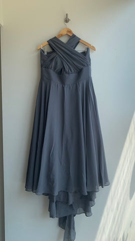 Pre-Owned Dark Grey Tea Length Covertible Chiffon Infinity Dress- Size 16
