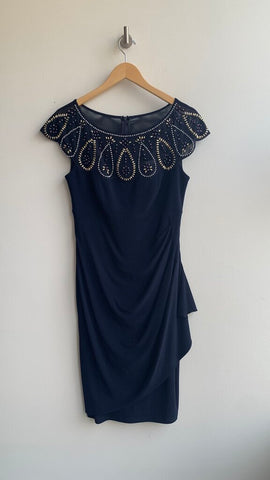 Pre-Owned Joseph RIbkoff Navy Mesh Collar with Embellishments Cap Sleeve Side Rouched Sheath Dress - Size 10