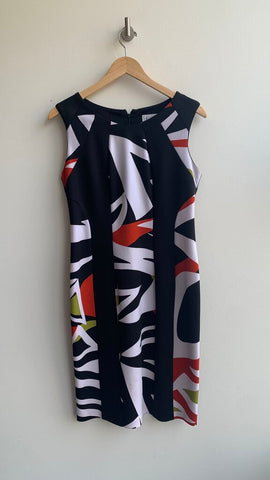 Pre-Owned Joseph Ribkoff Black with White/Red Abstract Print Sleeveless Dress - Size 12