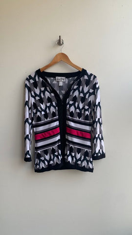 Pre-Owned Joseph Ribkoff Black with White/Grey/Pink Print Zip Front Long Sleeve Top- Size 10