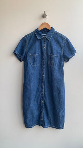 Pre-Owned Tommy Hilfiger Medium Wash Vintage Denim Snap Button Up Collared Short Sleeve Dress- Size Small (Estimated)