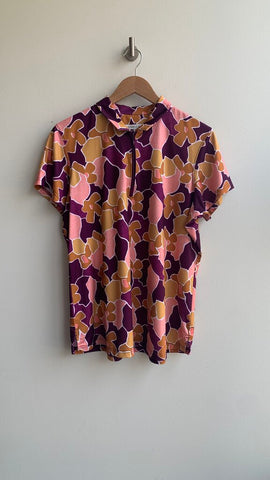 Pre-Owned Pebble Beach Purple/Gold/Peach Flower Print 1/4 Zip Short Sleeve Golf Shirt- Size X-Large