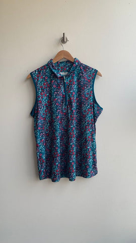 Pre-Owned Pebble Beach Green/Pink Flower Print 1/4 Zip Sleeveless Golf Shirt- Size X-Large