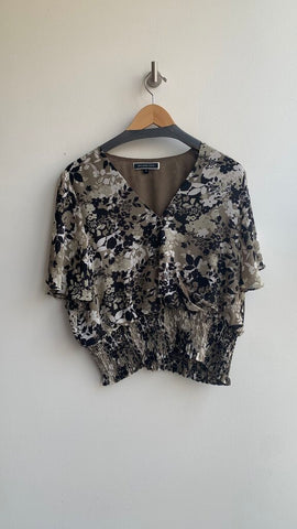 Pre-Owned Melanie Lyne Green Floral Patterned Cross Front Cinch Waist Short Sleeve Blouse- Size 16