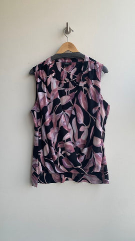 Pre-Owned Alfani Black/Purple Leaf Print Crossover Front Sleeveless Blouse- Size 16