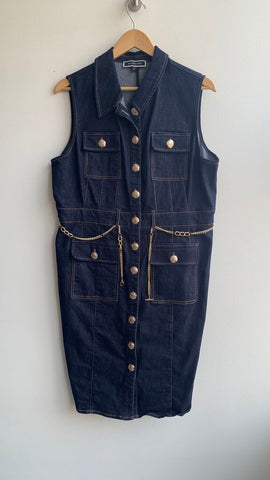 Pre-Owned Melanie Lyne Dark Wash Denim Gold Button Front Gold Belt Sleeveless Dress- Size 16